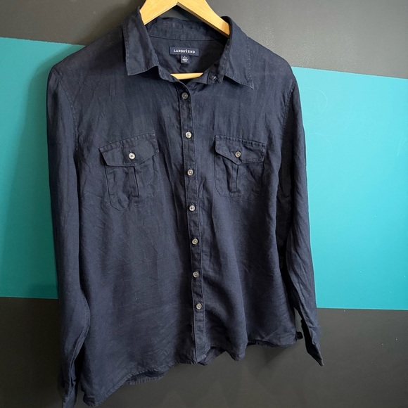Lands' End Women's Navy 100%  Linen Button Down size Large - Picture 2 of 7